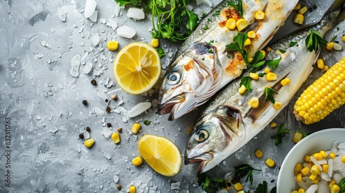 Blue eye trevalla served with corn and parsley photo