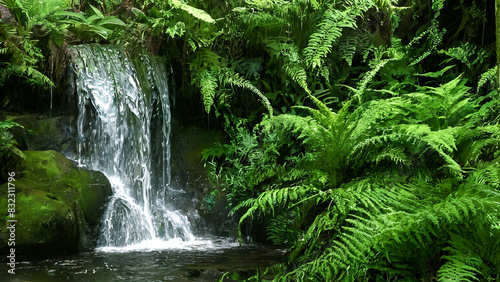 Gentle cascade of a waterfall in a lush tropical setting, with ferns and mosses clinging to the rocks