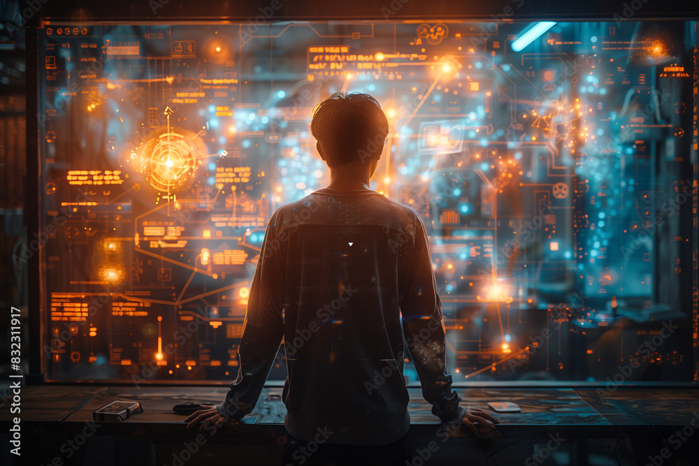 Digital interface with holographic projections and a user interacting with virtual elements Digital interface with holographic projections and a user interacting with virtual elements