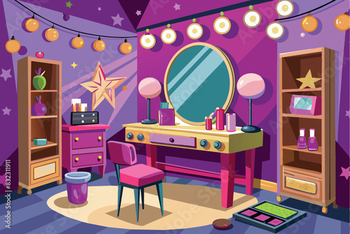 dressing room. The walls are bright purple, decorated with stars and garlands. On a pink dressing table is a large round mirror, around which cosmetics are scattered: bottles, brushes, tubes.