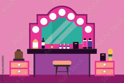 dressing room. The walls are bright purple, decorated with stars and garlands. On a pink dressing table is a large round mirror, around which cosmetics are scattered: bottles, brushes, tubes.