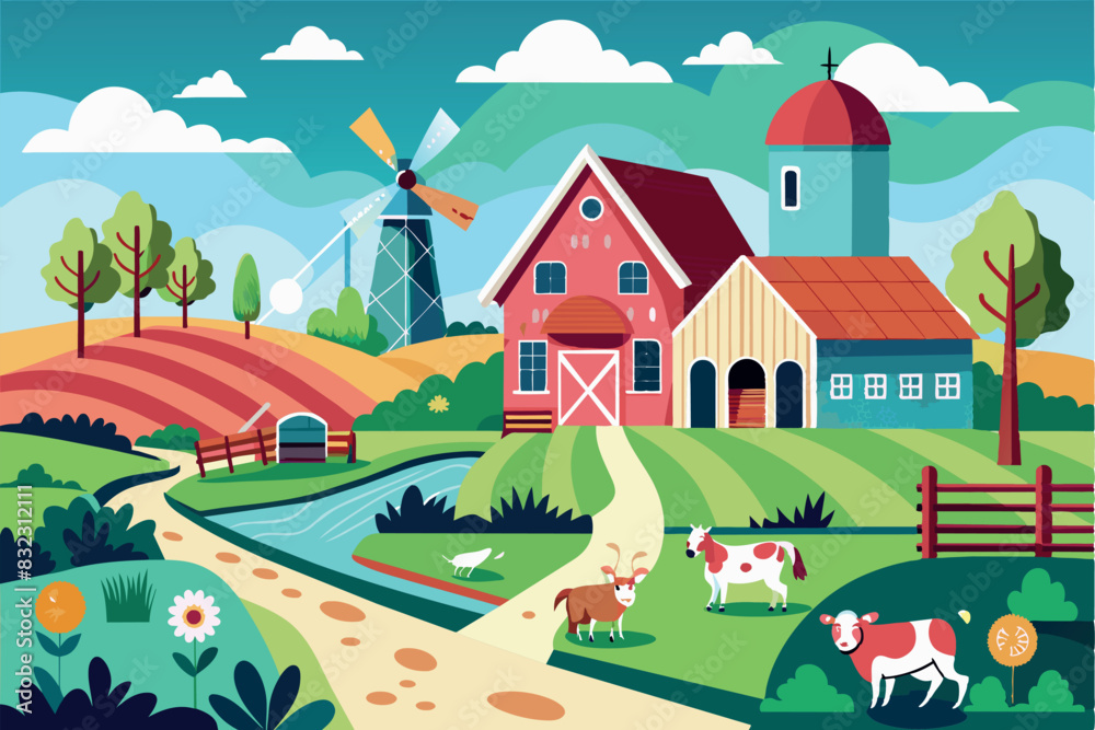 stylized rural landscape. It shows a red barn with a white roof, a yellow cottage, a silo and a windmill. The landscape includes green rolling hills, a few trees and flowers in the foreground. stylized rural landscape. It shows a red barn with a white roof, a yellow cottage, a silo and a windmill. The landscape includes green rolling hills, a few trees and flowers in the foreground.