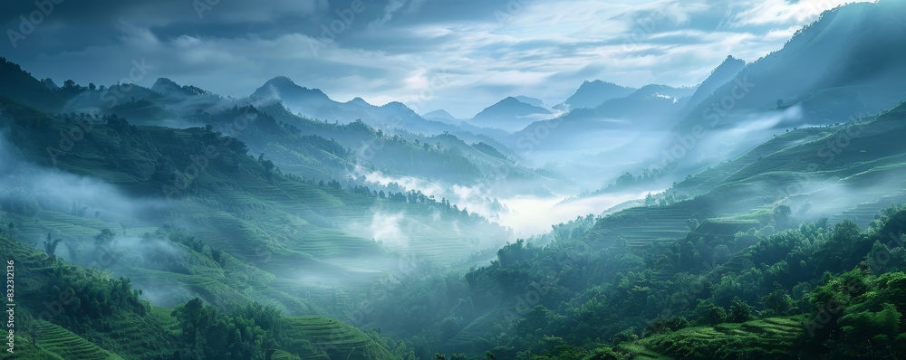 Mystical foggy landscape of green valleys and rolling hills, with distant mountains under a dramatic, cloudy blue sky.
