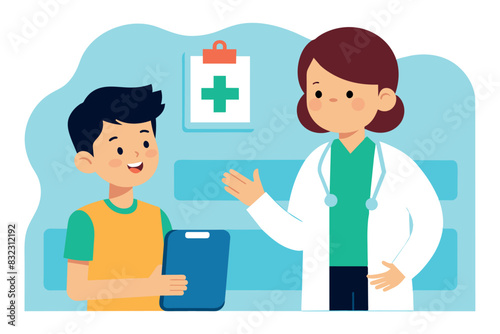 medical consultation. A child with orange hair, wearing a red T-shirt, is sitting and talking to a medical specialist. The latter is wearing a white coat with a stethoscope.  The scene hints at friend