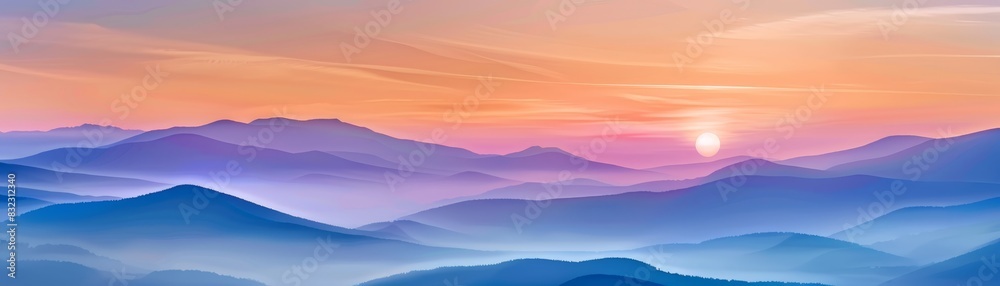 Peaceful sunrise over layered mountain landscape with colorful sky blending into blue silhouettes.