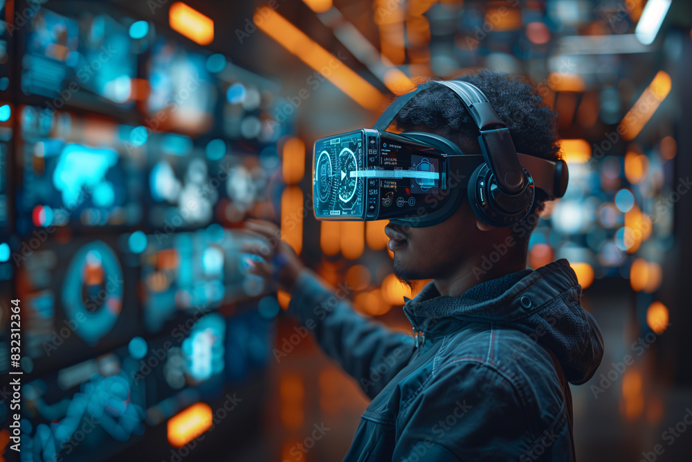 Futuristic workspace with multiple virtual screens and a person using a VR headset Futuristic workspace with multiple virtual screens and a person using a VR headset
