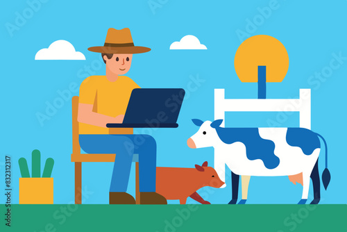 A farmer with a beard, wearing a hat and overalls, who works on a laptop.  The life of a farmer with modern technology, implying themes of agriculture, integration of technology in rural areas or remo