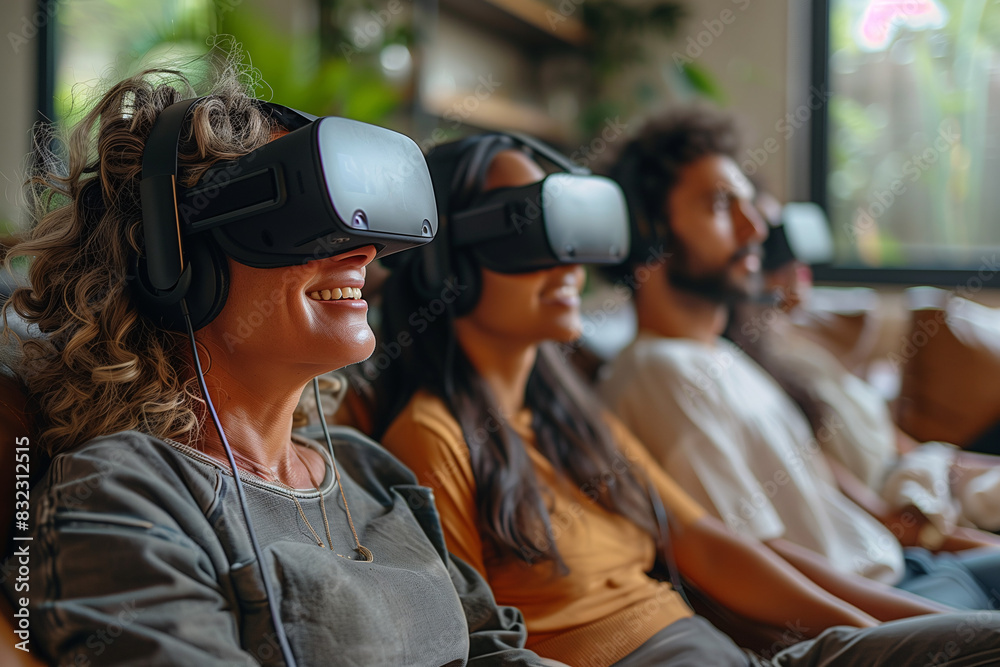 Group of people experiencing augmented reality using headsets in a modern living room Group of people experiencing augmented reality using headsets in a modern living room
