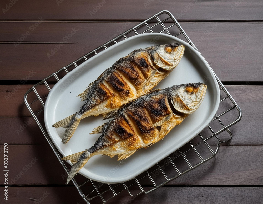 Barbecued fried fish on a presentation plate on a wooden black background Barbecued fried fish on a presentation plate on a wooden black background