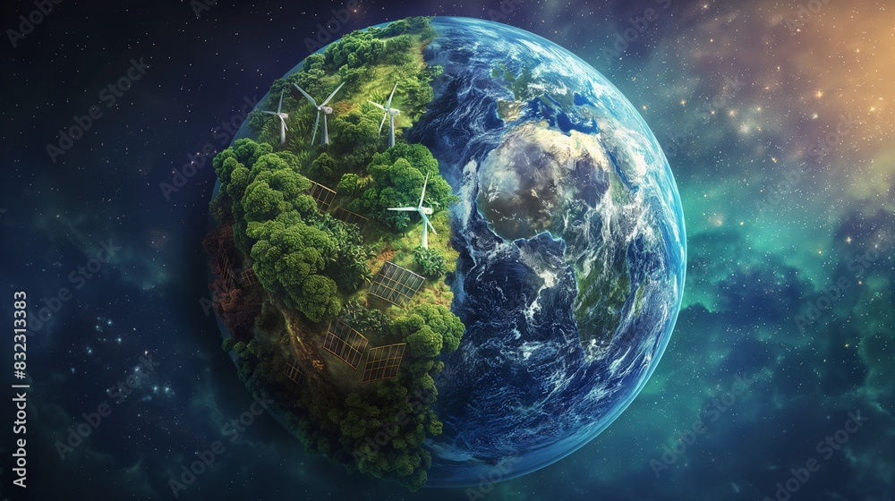 Fototapeta premium A detailed illustration of Earth, with half covered in lush green forests and the other half showcasing renewable energy sources like wind turbines and solar panels.