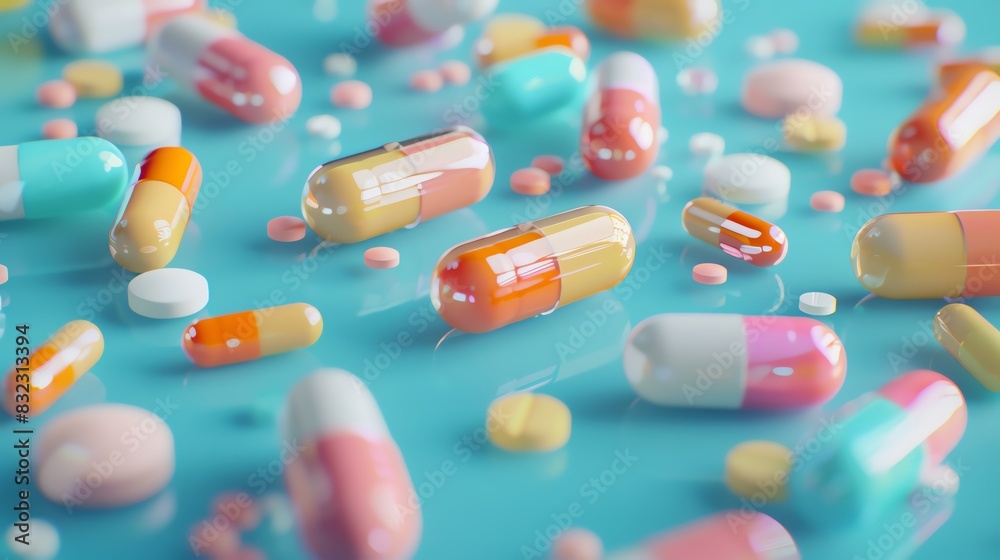 Colorful pills and vials of medicine on a blue background, 3D rendering. AI generative technology concept. Colorful pills and vials of medicine on a blue background, 3D rendering. AI generative technology concept.