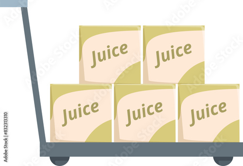 Illustration of a hand truck dolly stacked with cartons of juice