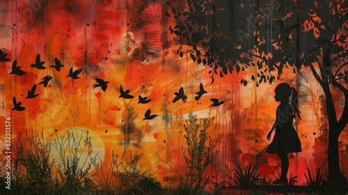 Shadow of a girl standing under a tree, watching birds fly in a stunning sunset mural. Vibrant colors create a captivating scene. photo