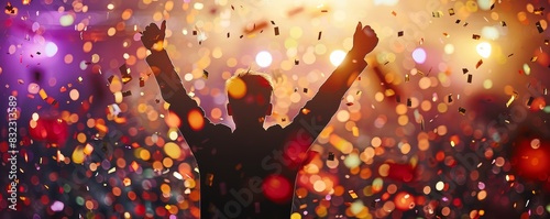 Silhouette of a person celebrating with hands raised amidst vibrant confetti and lights in a festive atmosphere.