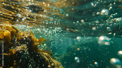 Underwater bubbles and bokeh in clear green ocean