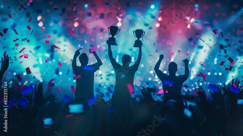 Silhouettes of people celebrating a victory with trophies and confetti under vibrant stage lights in a lively  energetic atmosphere.
