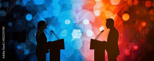 Silhouettes of two people debating on stage with vibrant blue and orange background lights, representing a contrast in opinions and ideas.