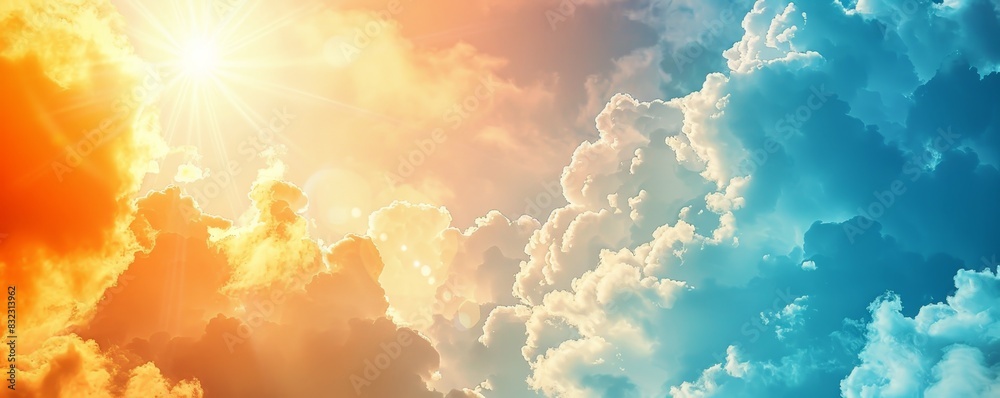 Stunning depiction of a vibrant sky with bright sunlight breaking through colorful clouds, showcasing a peaceful yet dynamic natural scene. Stunning depiction of a vibrant sky with bright sunlight breaking through colorful clouds, showcasing a peaceful yet dynamic natural scene.