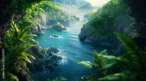 View of the blue sea  surrounded by rocky cliffs and lush greenery  captured in high resolution. The scene is bathed in soft natural light  creating an ethereal atmosphere