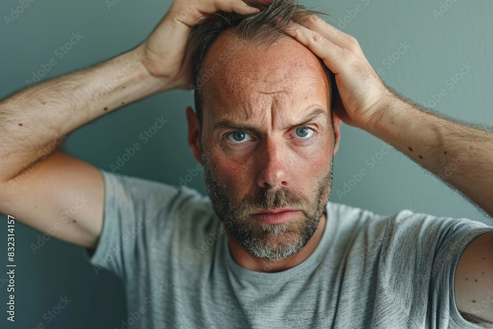 Obraz premium Stressed man concerned about hair loss problem with hands on head