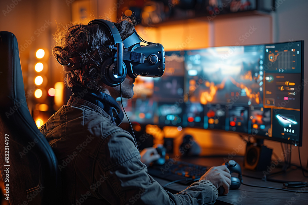 Virtual reality gaming setup with a player wearing a headset and using motion controllers Virtual reality gaming setup with a player wearing a headset and using motion controllers