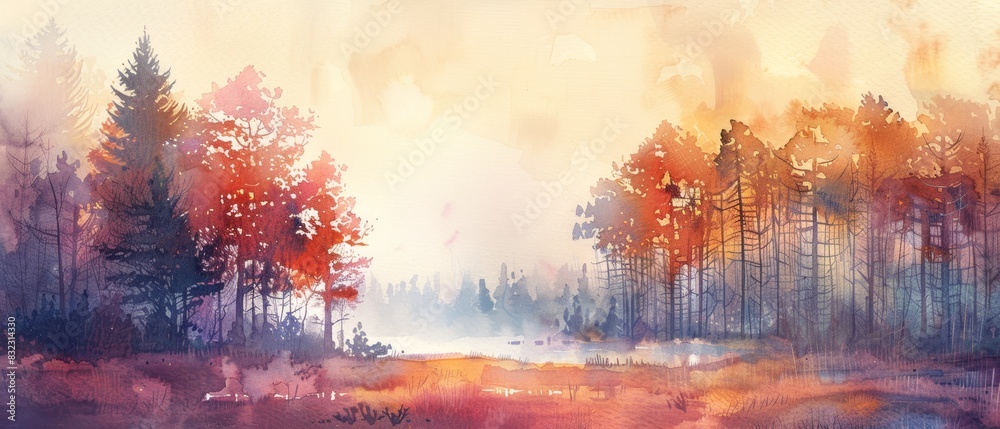 watercolor landscape, soft and serene, hand-painted with a focus on atmospheric perspective watercolor landscape, soft and serene, hand-painted with a focus on atmospheric perspective