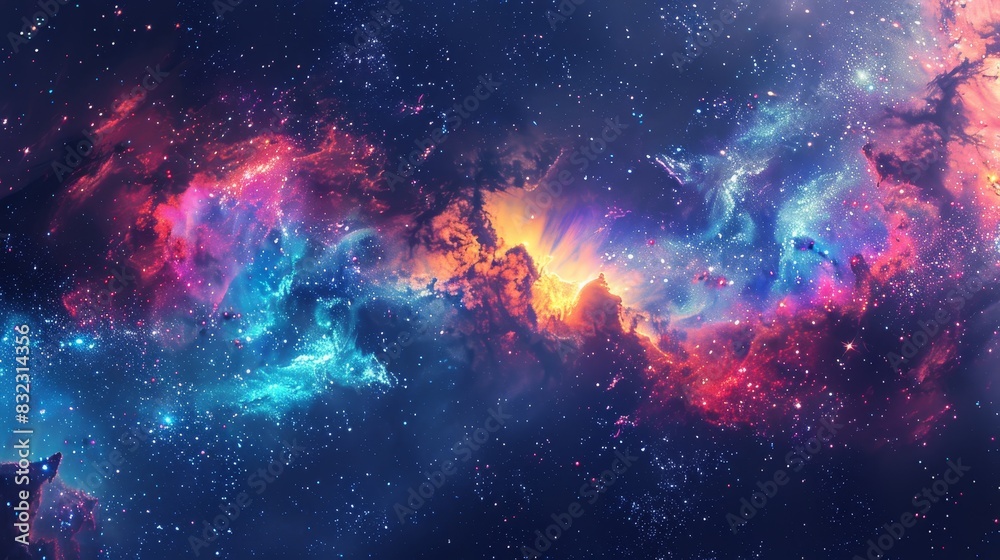 Stunning view of a colorful cosmic nebula with vibrant hues of pink, blue, and purple against the dark expanse of space.