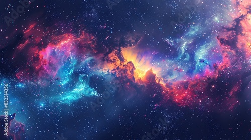 Stunning view of a colorful cosmic nebula with vibrant hues of pink, blue, and purple against the dark expanse of space.