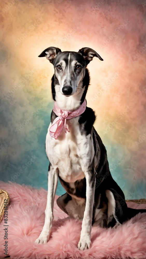 Portrait of a dog wearing a bright pastel handkerchief tied around its neck, AI-generated.