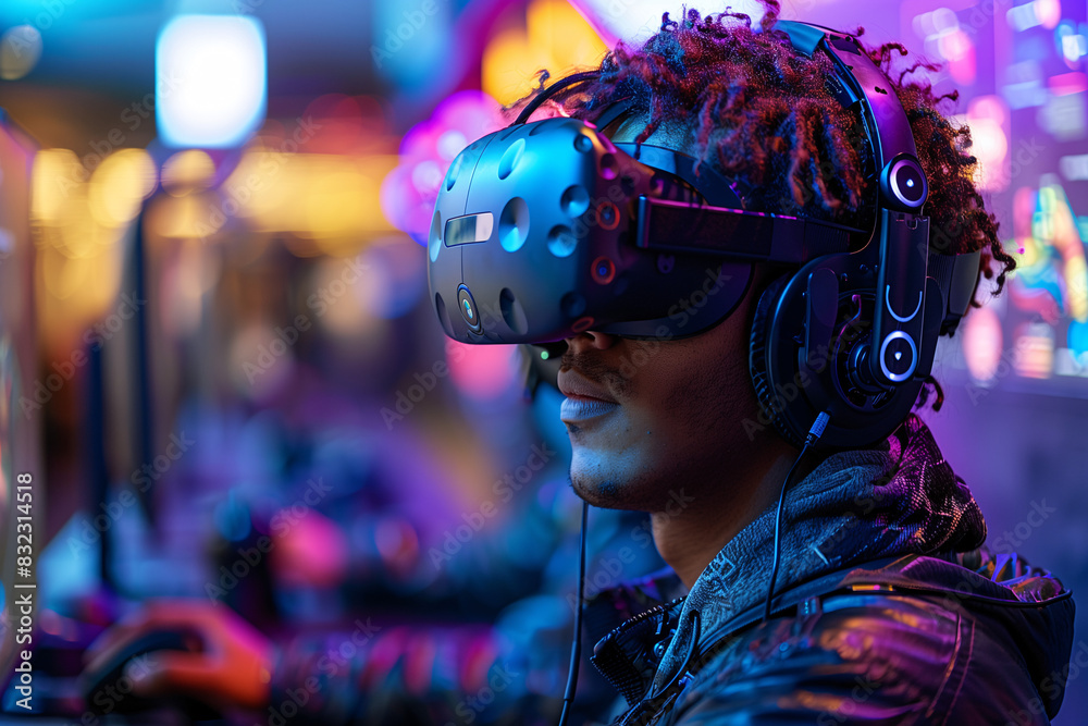 Virtual reality gaming setup with a player wearing a headset and using motion controllers Virtual reality gaming setup with a player wearing a headset and using motion controllers