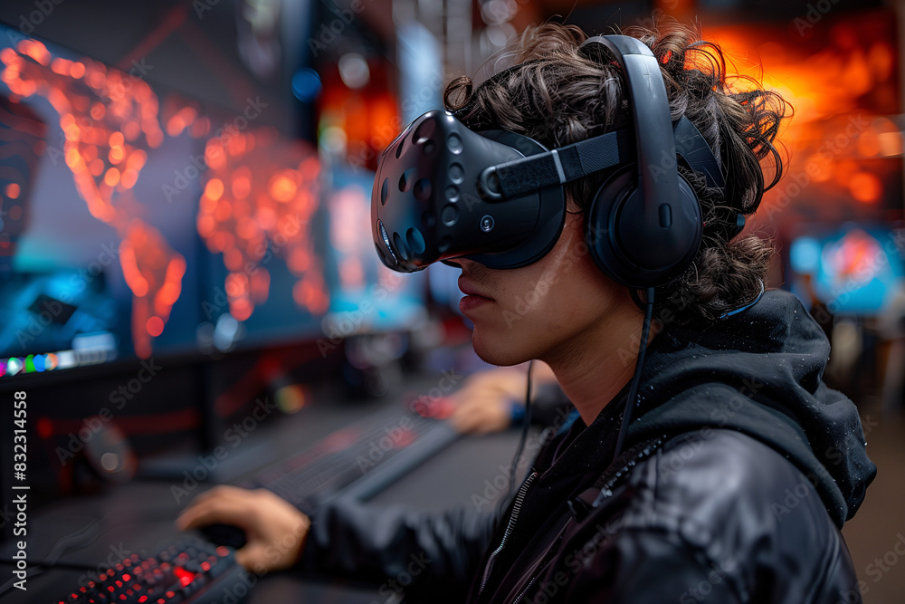 Virtual reality gaming setup with a player wearing a headset and using motion controllers Virtual reality gaming setup with a player wearing a headset and using motion controllers