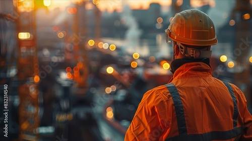 Worker in safety gear overseeing construction of urban development photo