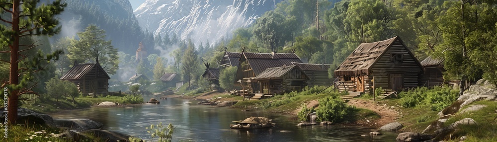 Fototapeta premium Tranquil mountain village with rustic wooden cabins beside a serene river, surrounded by lush forest and towering snowy peaks.