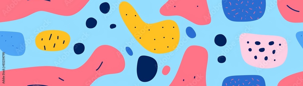 Abstract colorful pattern with various shapes in blue, pink, and yellow hues on a light blue background, perfect for modern design projects. Abstract colorful pattern with various shapes in blue, pink, and yellow hues on a light blue background, perfect for modern design projects.