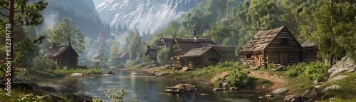 Tranquil mountain village with rustic wooden cabins beside a serene river  surrounded by lush forest and towering snowy peaks.