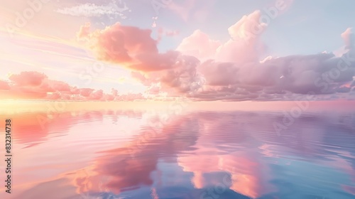 Tranquil seascape with serene water and pastel colored clouds reflecting a peaceful sunset. Calming atmosphere ideal for relaxation and meditation.