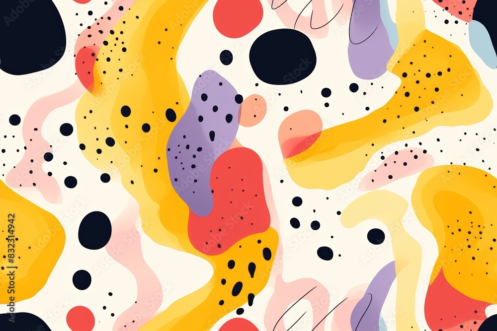 Vibrant abstract art with colorful shapes and patterns on a white background, featuring yellow, red, purple, and black design elements.