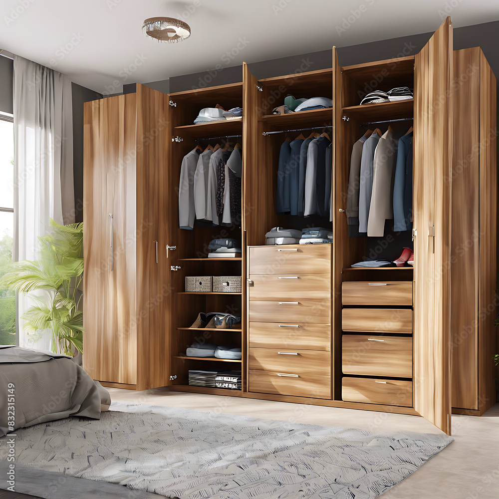 Modern wooden wardrobe with women clothes hanging on rail in walk in closet design interior, 3d rendering Modern wooden wardrobe with women clothes hanging on rail in walk in closet design interior, 3d rendering