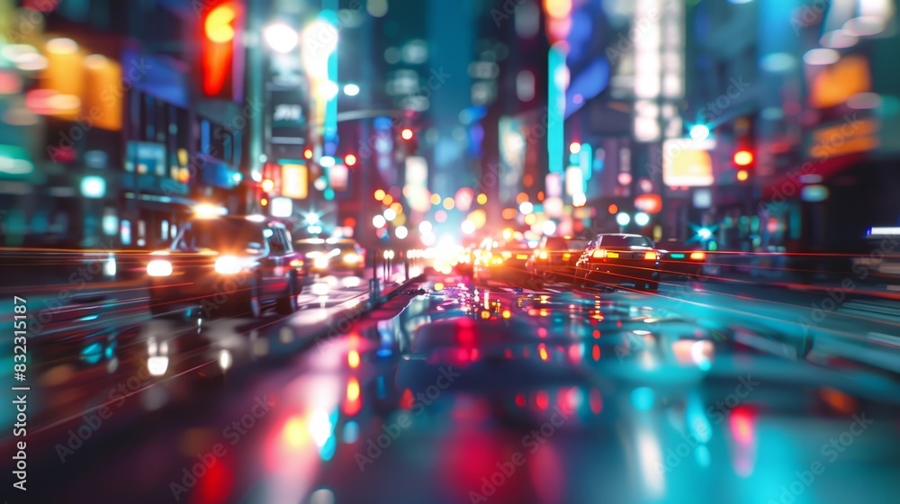 Vibrant city nightlife with colorful lights, cars, and reflections on wet streets, showcasing a dynamic urban scene.