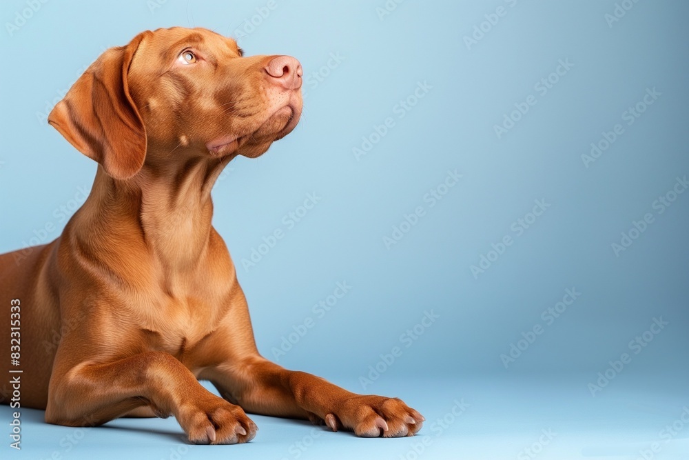 In a studio photo, a friendly Hungarian Vizsla dog is captured pulling a funny face, radiating charm and playfulness. This portrait perfectly captures the lovable and humorous nature of the dog. In a studio photo, a friendly Hungarian Vizsla dog is captured pulling a funny face, radiating charm and playfulness. This portrait perfectly captures the lovable and humorous nature of the dog.