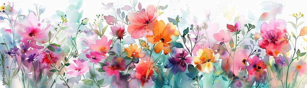 Vibrant watercolor floral painting, featuring a colorful array of blossoms in various hues, perfect for adding a touch of nature to any decor.