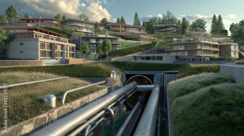 A detailed visualization of an underground geothermal heating and cooling system serving an entire green residential area.