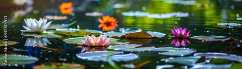 Vibrant water lilies in full bloom on a serene pond with reflective water  capturing the beauty of nature and tranquility.