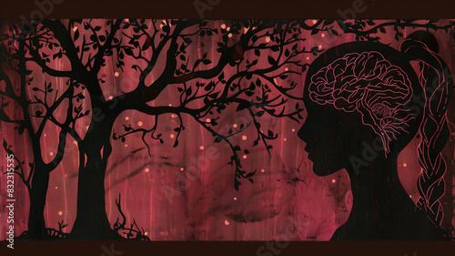 An artistic silhouette of a woman with an illustrated brain  set against a backdrop of a tree and a red background. 