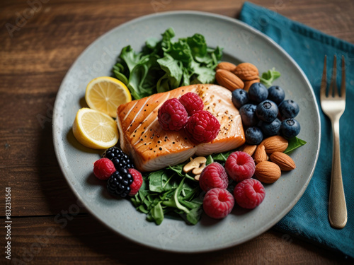 A plate filled with kidney-friendly foods, such as leafy greens, berries, fish, and nuts, highlighting the role of nutrition in maintaining kidney health. with Generative AI Technology