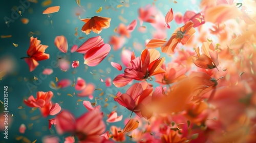 Whimsical scene of vibrant red and pink flower petals dancing in the air against a serene, turquoise background bathed in soft sunlight. © Rattanathip