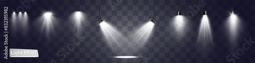 Empty stage with spotlights. Lighting devices on a transparent background