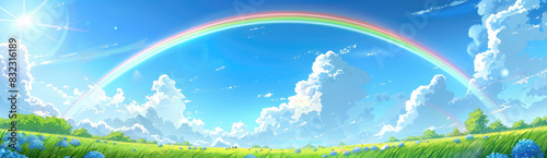 A rainbow appears in the sky  with blue and white clouds floating above the green grassland where hydrangeas are blooming on both sides