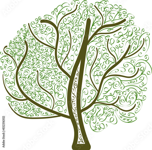 Abstract spring tree illustration in contour line drawing by handwriting method