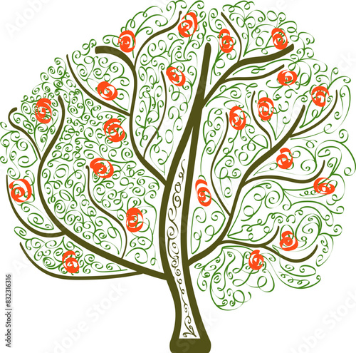 Abstract apple tree illustration in contour line drawing by handwriting method